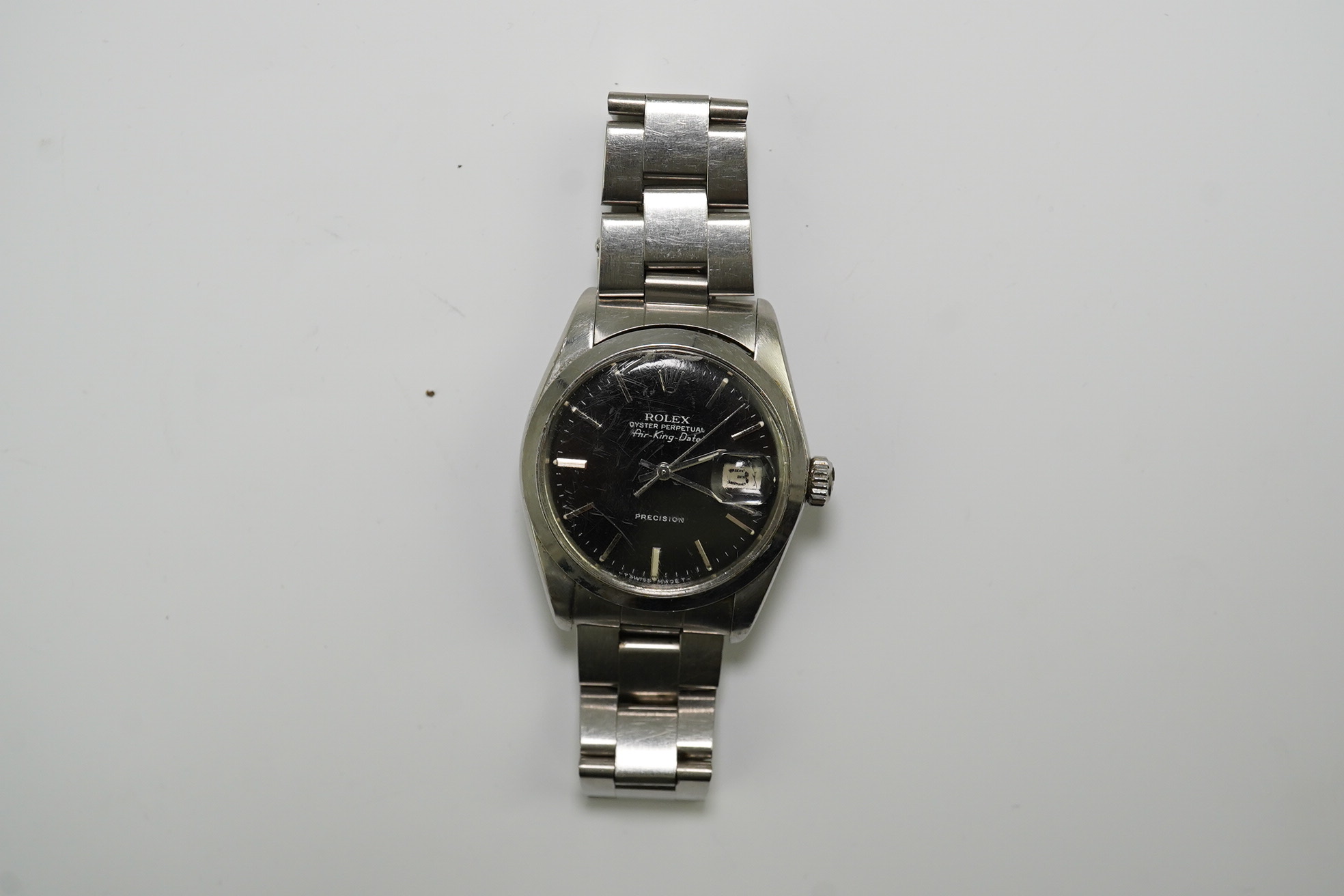 A gentleman's mid 1980's stainless steel Rolex Oyster Perpetual Air-King Date wrist watch, on a stainless steel Rolex bracelet